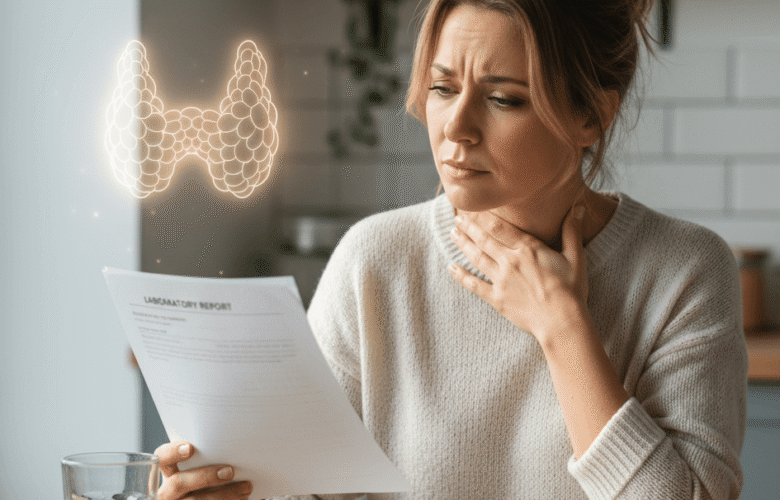 una mujer observando con preocupación el resultado de su análisis de tiroides