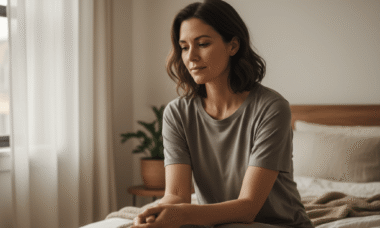 Una mujer de unos 30 años sentada al borde de su cama por la mañana, con las manos apoyadas sobre el regazo. Luce tranquila, pero visiblemente cansada. La luz natural entra suavemente por una ventana, creando un ambiente introspectivo y cálido. La habitación es minimalista y serena. Su postura transmite fatiga y reflexión silenciosa, sin mostrar tristeza ni enfermedad. Tonos cálidos y neutros.