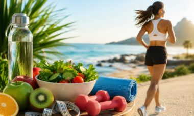 Mujer corriendo en la playa durante el verano