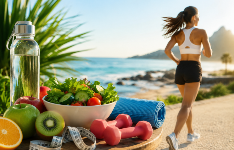 Mujer corriendo en la playa durante el verano
