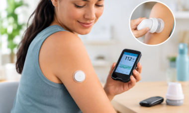 Mujer con sensor de glucosa