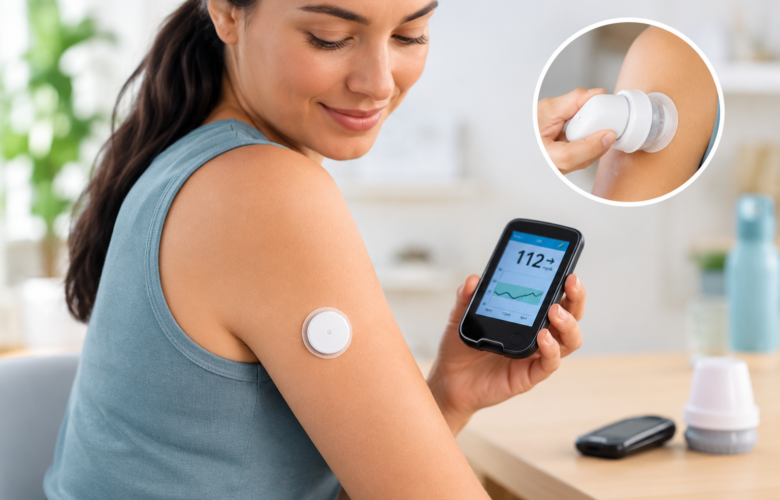 Mujer con sensor de glucosa
